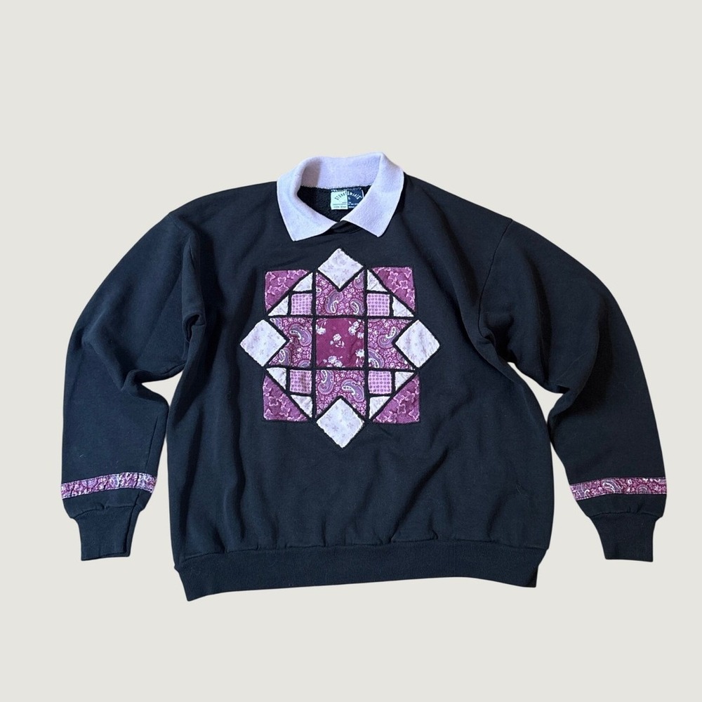 Sturdy Sweats Sweatshirt Women Black Vintage Patchwork Quilt Star SIZE L